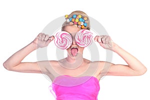 Woman With Candy Lolliops and Surprised Expression