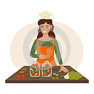 Woman canning homemade vegetables in glass jars on wood table. Marinated food process.