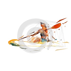 Woman on canoe, isolated vector low polygonal illustration. Abstract geometric drawing. Kayaking water sport from triangles