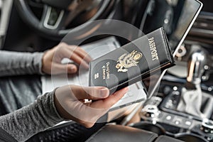 Woman in the car with laptop and american passport. Travel concept.