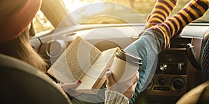 Woman in a car in warm woolen socks yellow is reading a book at sunset. Cozy autumn weekend trip. Freedom of travel