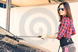 Woman at car wash Station