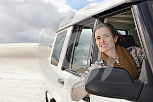 Woman, car or window for idea of adventure, exploration or sightseeing as thinking of holiday vision. Female person, suv