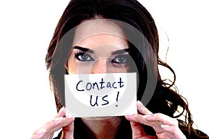 Woman with a Card- Contact US!