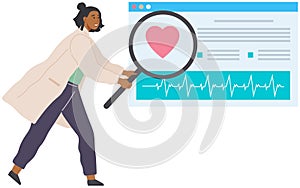 Woman cardiologist with magnifyer looks heart cardiogram. Doctor or nurse analysing research results