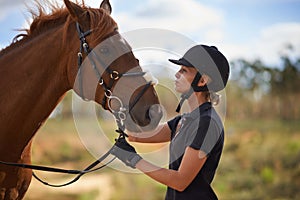 Woman, care and horse in nature with adventure for bonding, summer and relax on farm, ranch and countryside. Animal, pet