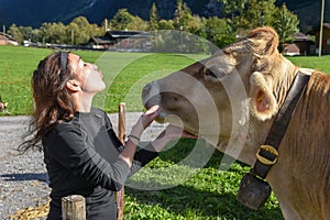 Woman caressing a cow`s head at Engelberg on the Swiss alps