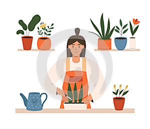 Woman caring house plants