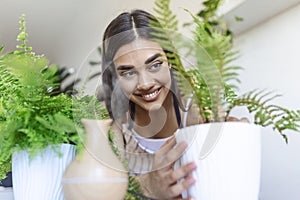 Woman caring for plants next to steam aroma oil diffuser on the table at home, steam from humidifier. Humidification of air in