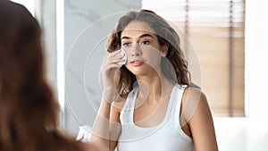 Woman Caring For Skin With Cotton Pad In Bathroom, Panorama