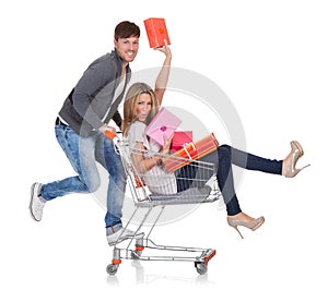 Woman carried by push cart