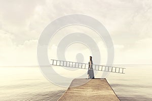 Woman carries her personal ladder to climb into the sky