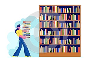 Woman Carry Big Heap of Book to Bookshelf in Public or Home Library Student Spend Time in Athenaeum or Archive Room with Bookcase