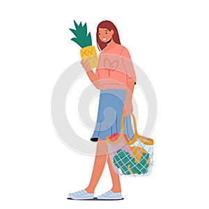 Woman Carry Products in Eco Friendly String Bag Isolated on White Background. Female Character Use Bio Degradable Pack