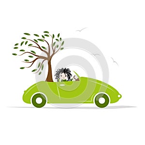 Woman carry tree by green car for your design
