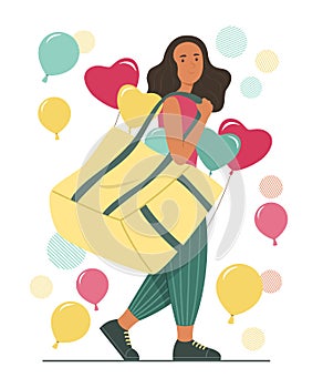 Woman Carrying Bag of Heart Shaped Balloons for Valentine`s Day Concept Illustration