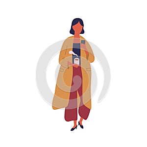 Woman carrying cup of hot coffee using smartphone vector flat illustration. Colorful female drink tea chatting on mobile