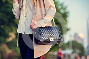 Woman carrying elegant purses bag at city park photo