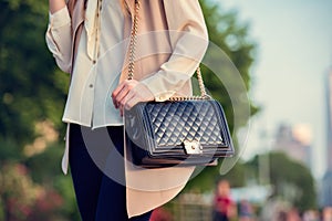 Woman carrying elegant purses bag at city park