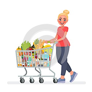 Woman is carrying a grocery cart full of groceries in the supermarket. Vector illustration