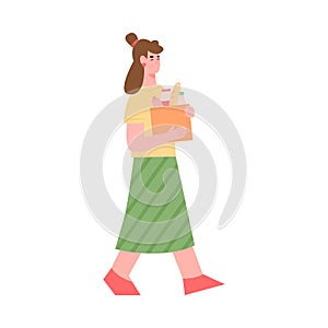 Woman carrying a huge box of food, cartoon flat vector illustration isolated.