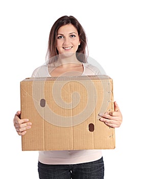 Woman carrying moving box