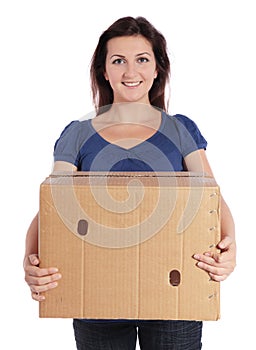 Woman carrying moving box