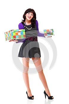 Woman carrying moving boxes Young woman box isolated