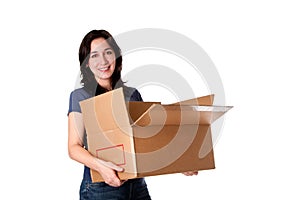 Woman carrying open moving storage box