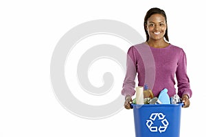 Woman Carrying Recycling Bin