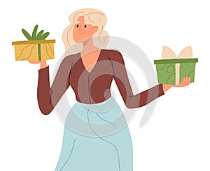 Woman carrying wrapped gift boxes.Happy female person holding gifts, character with gift box flat cartoon vector illustration