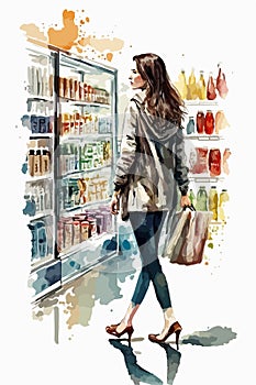 Woman with a cart shopping. A vector watercolor styled illustration supermarket