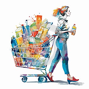 Woman with a cart shopping. A vector watercolor styled illustration supermarket