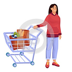 Woman with cart in supermarket vector illustration. Trolley full of healthy food flat clipart. Cartoon character grocery