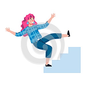 Woman cartoon character falling from stairs, flat vector illustration isolated.