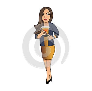 Woman cartoon character standing and holding glass design illustration