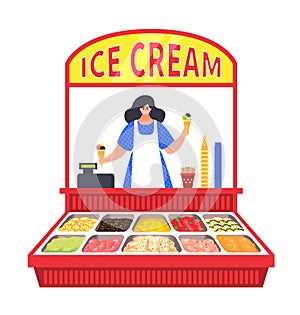 Woman at cartoon ice cream shop, summer food isolated on white vector illustration. Stall with delicious sweet, cart