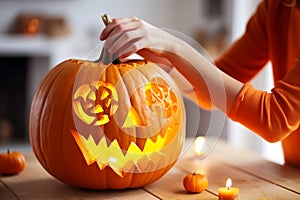 Woman carving big orange pumpkin