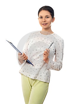 Woman in casual clothing holding clipping pad