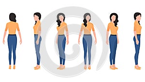 Woman in casual look, woman wearing bright t shirt and jeans trousers, business character set vector illustration on white