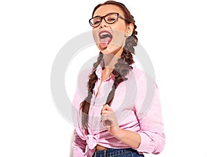 Woman in casual summer clothes with bright makeup posing in studio