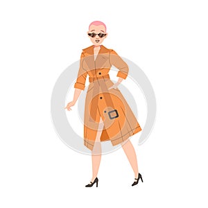 Woman in Casual Wear and Sunglasses Waiting or Standing in Queue or in Line for Nightclub Vector Illustration