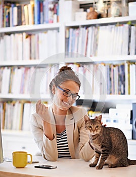 Woman, cat and home office or smile with pet love as freelance music journalist or proposal job, article or cellphone