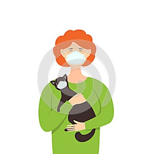 Woman with a Cat in a Medical Mask