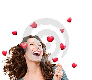 Woman Catching Valentine Hearts