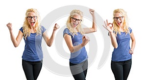 Woman celebrating her succes in 3 different ways