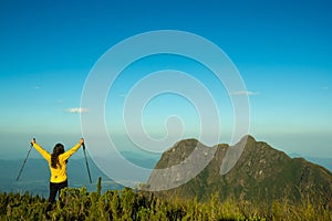 Woman celebrating success on top of a mountain