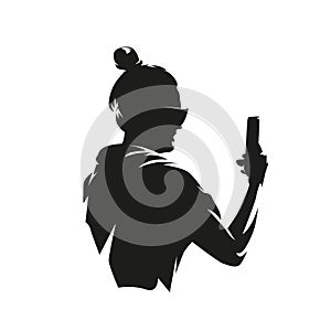 Woman with cell phone, isolated vector silhouette. Mobile phone in hand, selfie