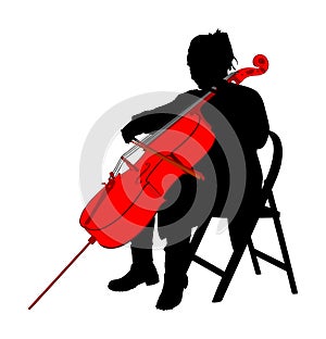 Woman cellist siting and playing cello vector silhouette. Music artist girl play string instrument. Jazz woman street performer.