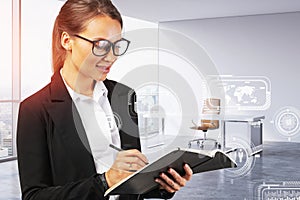 Woman CEO writing in office, business interface